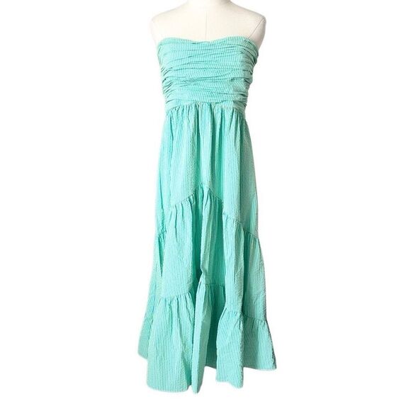 NEW Cinq a Sept Maurice Seersucker Tiered Midi Dress Cyan Lima Bean Cotton Sz 12 - Picture 2 of 6